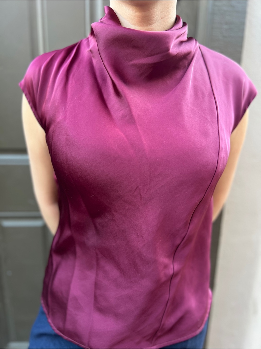 Sanctuary XS Satin Tie Back Shell Top Berry Plum Bow Neck Blouse